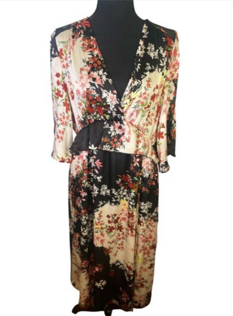 Zara Ruffled Mixed Floral Maxi Dress Sz XL V Neck Peplum Waist 3/4 Sleeve Satin
